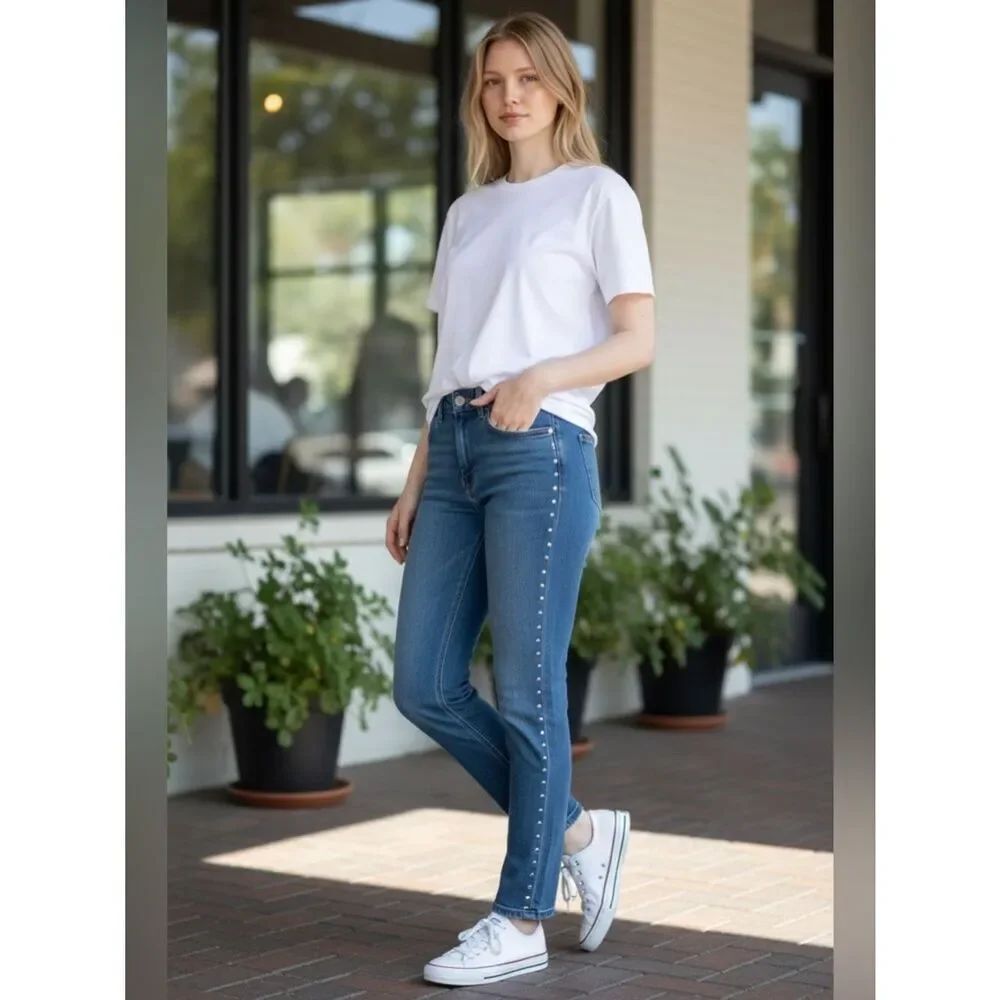$298 The Kooples Mily Relaxed high waisted ankle fit jeans denim w studs